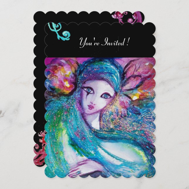 Invitación DAMA MÁSCARA AZUL Fiesta de Máscaras, Remolinos Ro (Anverso / Reverso)