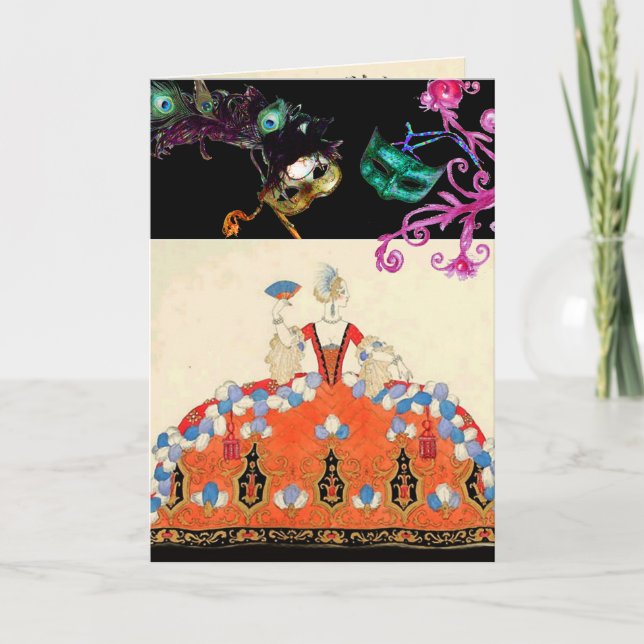 INVITACIÓN DAMA NARANJA BAILE DE MÁSCARAS DE MARDI GRAS MÁSCA (Anverso)