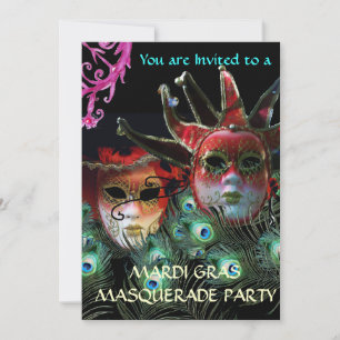 INVITACIÓN DAMA ROJA Y MÁSCARA DE BUFÓN CON PLUMAS DE PAVO RE