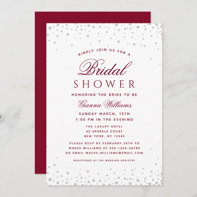 Invitación Damas de Borgoña Ducha Bridal de Lujo Moderno (Anverso / Reverso)