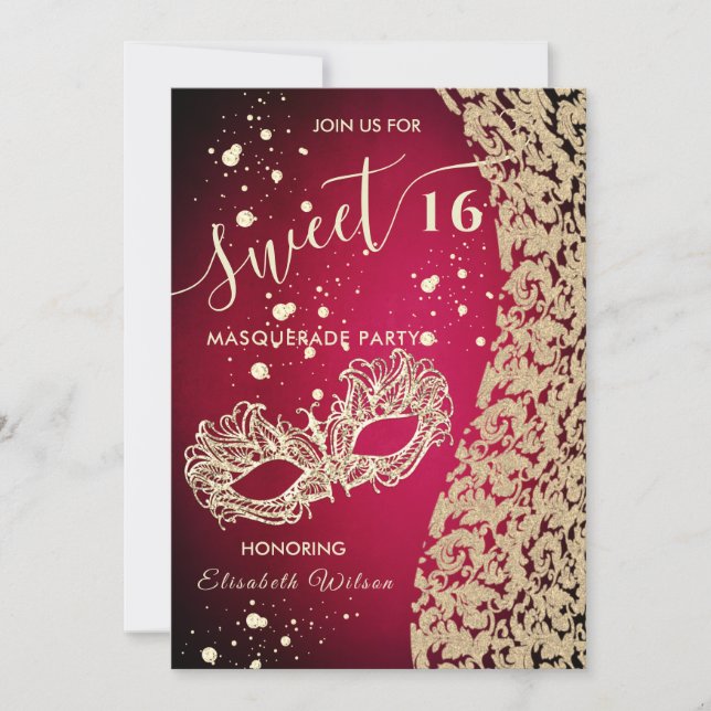 Invitación Damas de diamante de mascarada dulce rojo 16 invit (Anverso)