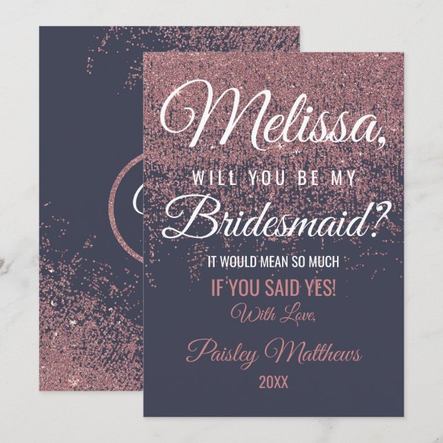 Invitación Damas de honor azul marino con brillo dorado rosa (Anverso / Reverso)