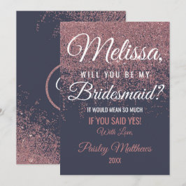 Invitación Damas de honor azul marino con brillo dorado rosa