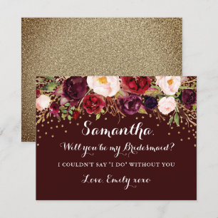 Invitación Damas de Honor Borgoña Floral Dorado ¿Serás Mi Dam