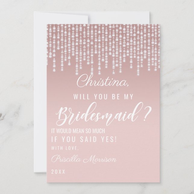 Invitación Damas de Honor Luces Colgantes de Diamante Rosa So (Anverso)