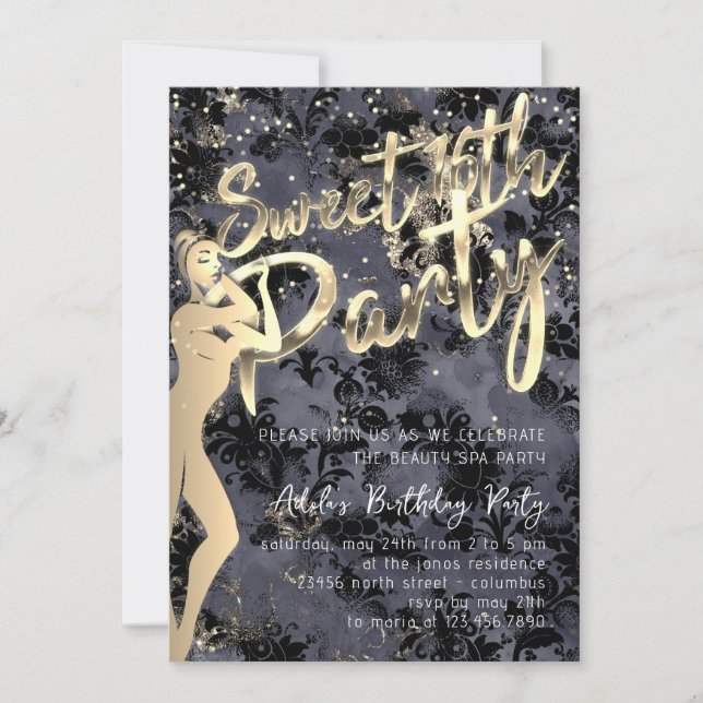 Invitación Damas de oro Negro Confetti Sweet 16º Fiesta (Anverso)