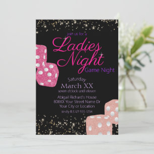 Invitación Damas Noche Neon Rótulo Rosa Dados de noche