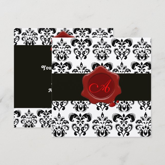 Invitación DAMASCA NEGRA Y BLANCA, BOLSA ROJA MONOGRAMA Plata (Anverso / Reverso)