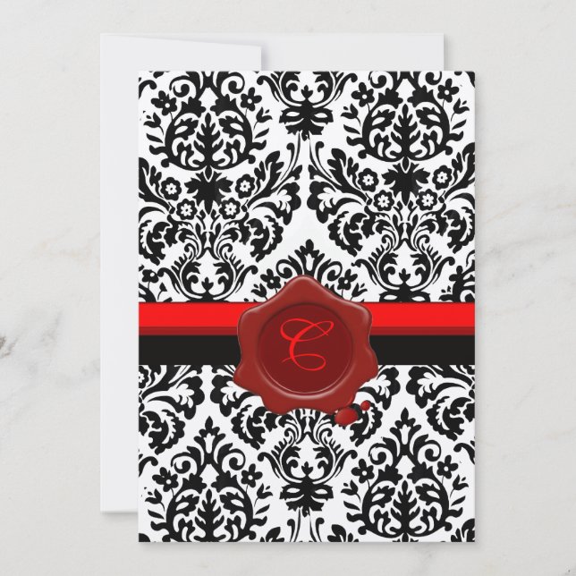 INVITACIÓN DAMASCA NEGRA Y BLANCA, MONOGRAMA DE SELLO DE CERO (Anverso)