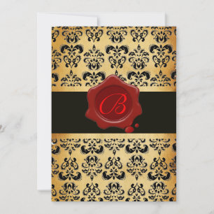 INVITACIÓN DAMASCA ROJA Y NEGRA, MONOGRAMA DE SELLO DE CERO D