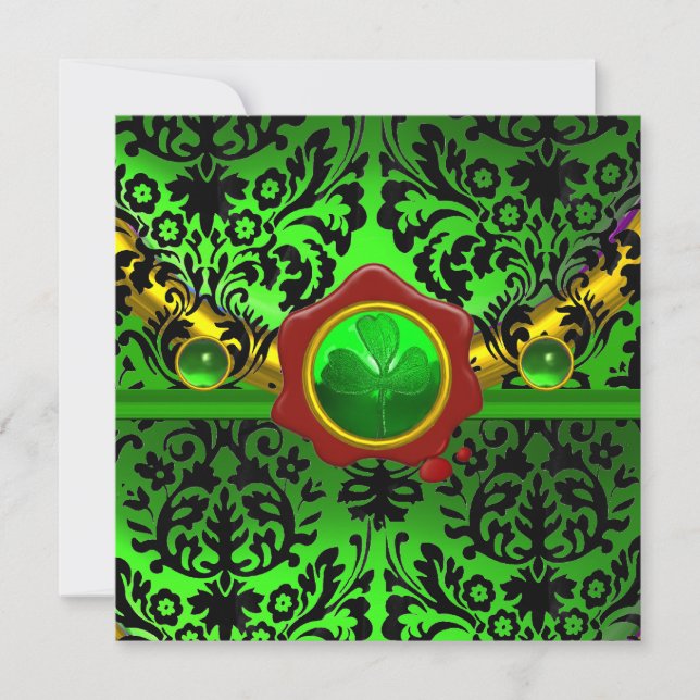 INVITACIÓN DAMASCA VERDE NEGRA, SHAMROCK, MONOGRAMA DE SELLO  (Anverso)