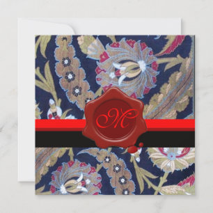 INVITACIÓN DAMASCA VERDE Y AZUL NEGRO, MONOGRAMA DE SELLO DE
