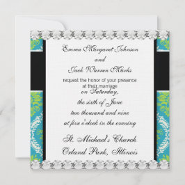 Invitación damasco adornado de color verde limón azul y crema