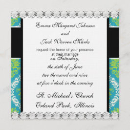 Invitación damasco adornado de color verde limón azul y crema