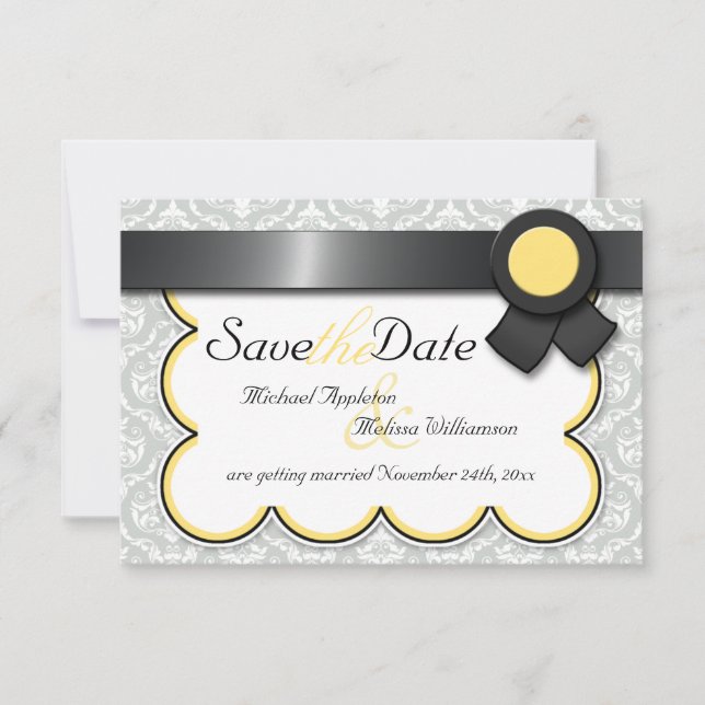 Invitación Damasco amarillo y gris salvan los anuncios de la  (Anverso)