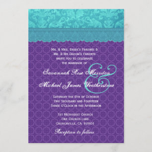 Invitación Damasco azul Aqua y Boda morado A05