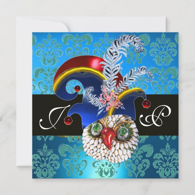 INVITACIÓN DAMASCO AZUL, BÚHO JOYA, SOMBRERO DUENDE, PLUMAS D (Anverso)