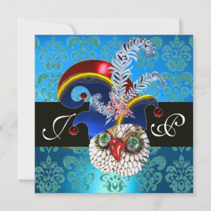 INVITACIÓN DAMASCO AZUL, BÚHO JOYA, SOMBRERO DUENDE, PLUMAS D