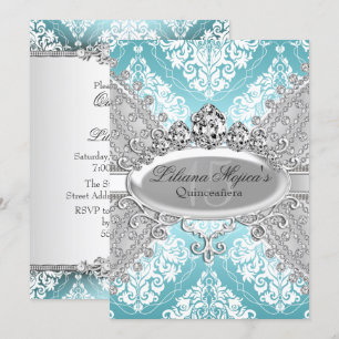Invitación Damasco azul de plata bonito y Quinceanera Tiara