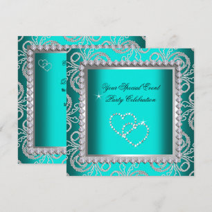 Invitación Damasco Azul Teal Plata Diamantes Corazón Fiesta