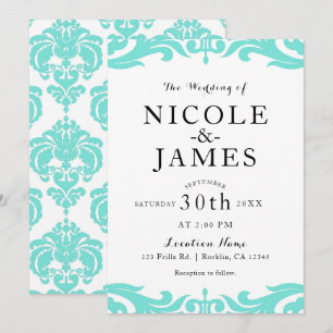 Invitación Damasco azul verdoso y blanco Chic Elegante Boda m
