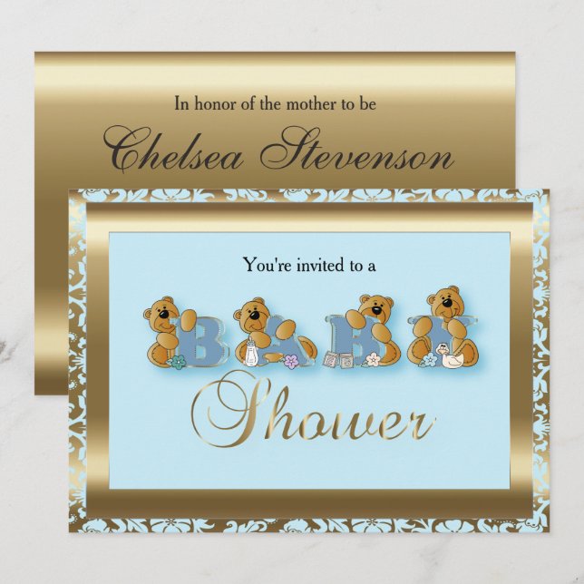 Invitación Damasco azul y oro con oso de peluche | BABY SHOWE (Anverso / Reverso)
