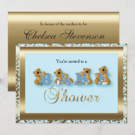 Invitación Damasco azul y oro con oso de peluche | BABY SHOWE