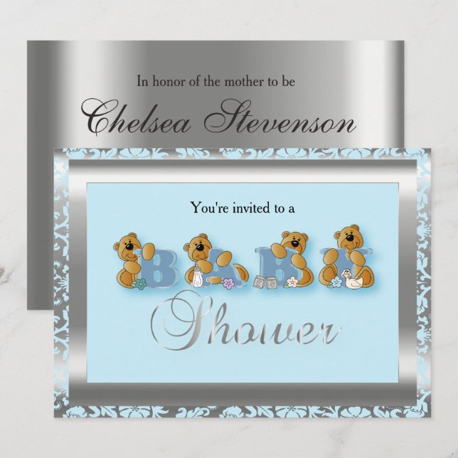 Invitación Damasco azul y plateado con oso de peluche | BABY  (Anverso / Reverso)