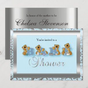 Invitación Damasco azul y plateado con oso de peluche   BABY 