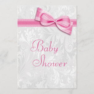 Invitación Damasco blanco de Baby Shower y falso arco rosa