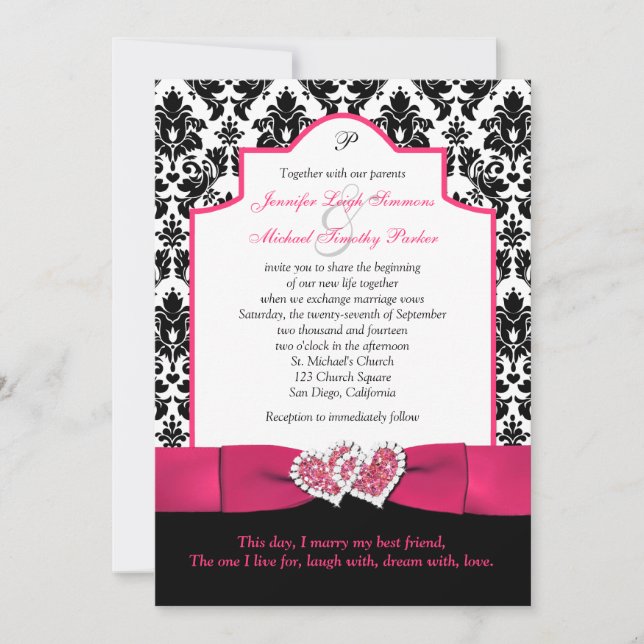 Invitación Damasco blanco negro, corazones Purpurinas rosados (Anverso)