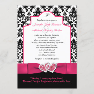 Invitación Damasco blanco negro, corazones Purpurinas rosados