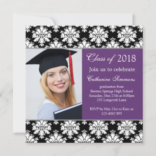 Invitación Damasco blanco negro, fiesta de graduación morada