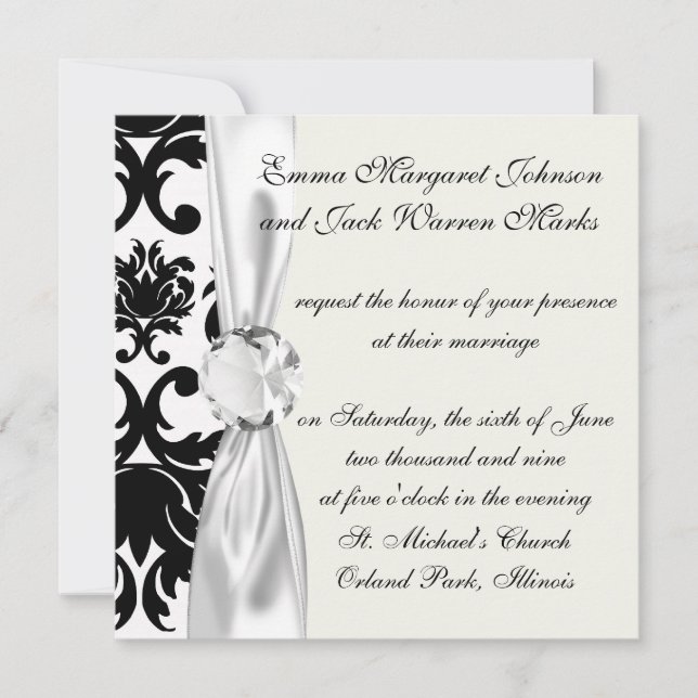 Invitación damasco blanco negro ornamental (Anverso)