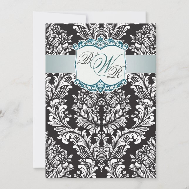Invitación Damasco blanco negro verde azulado, Monogramas Bod (Anverso)