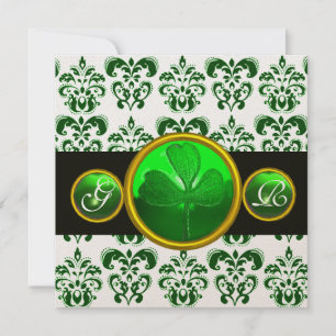 Invitación DAMASCO BLANCO VERDE , Monograma de TREBOL de Cham