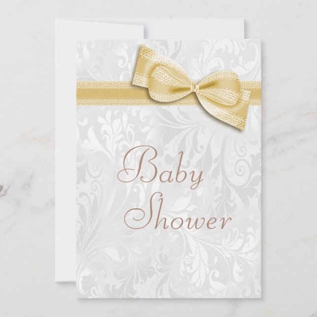 Invitación Damasco blanco y falso de Baby Shower (Anverso)