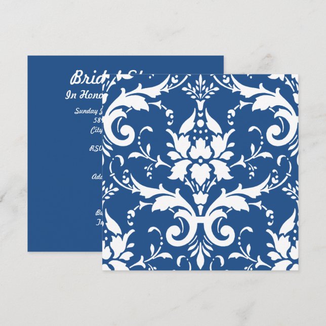 Invitación Damasco blanco y fondo azul ducha de novia Inv (Anverso / Reverso)