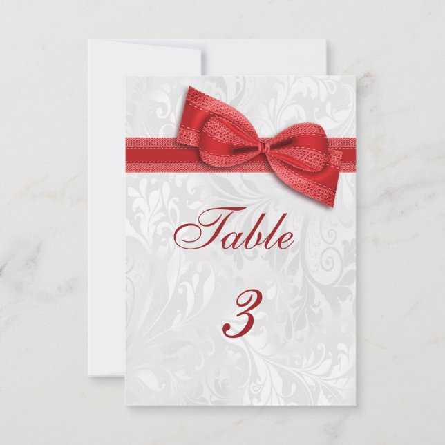 Invitación Damasco blanco y lazo falso rojo (Reverso)
