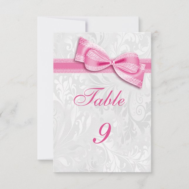 Invitación Damasco blanco y lazo falso rosa (Anverso)
