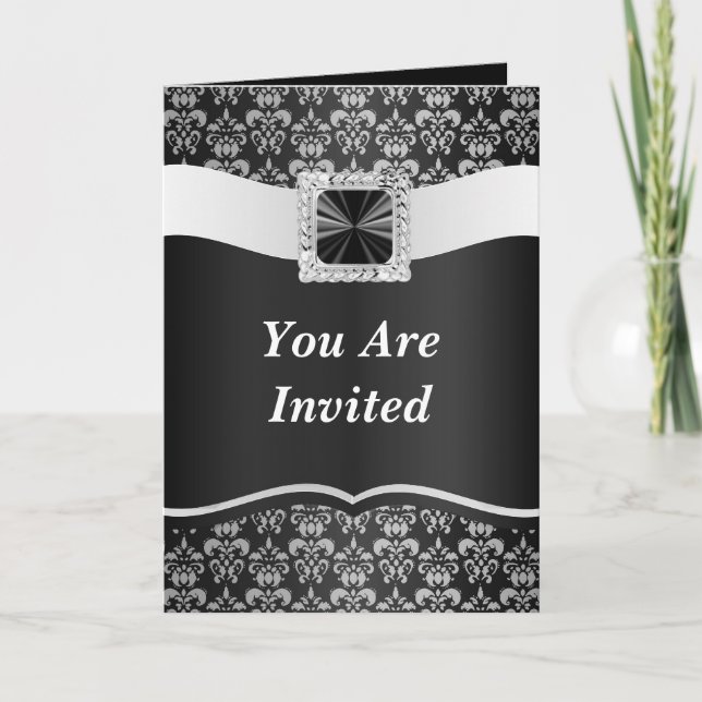 Invitación Damasco blanco y negro (Anverso)