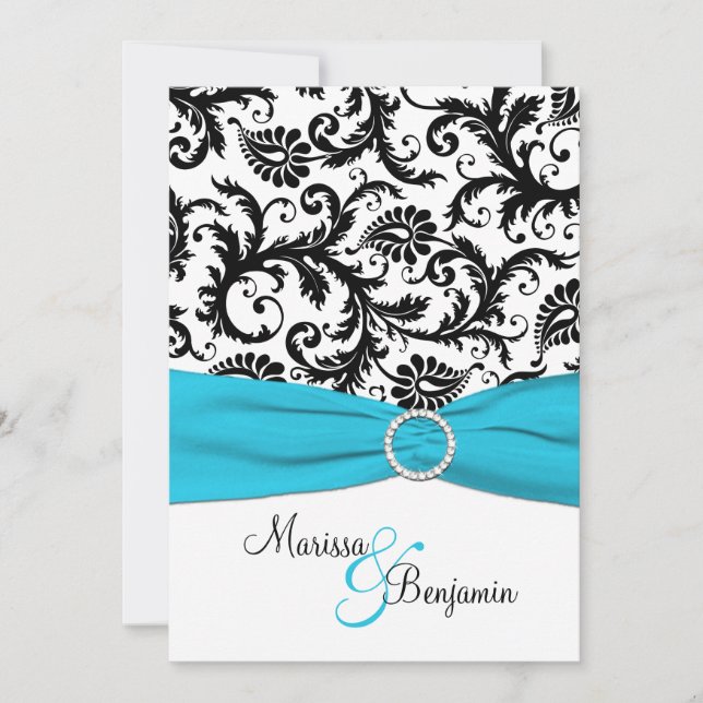 Invitación Damasco blanco y negro con cinta de papel azul (Anverso)