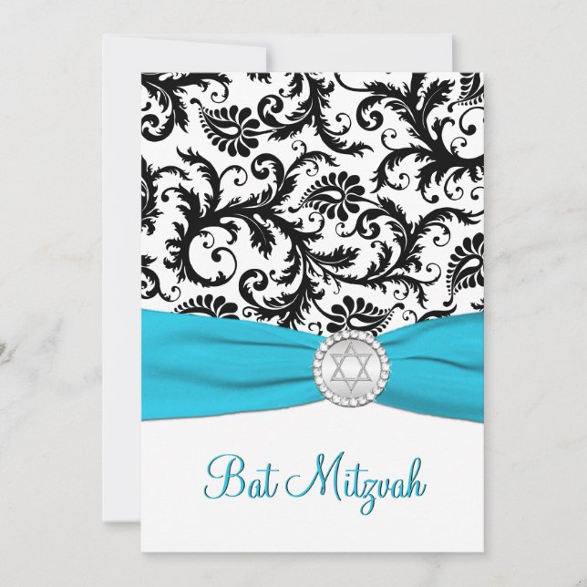 Invitación Damasco blanco y negro con RIBBON IMPRESO de Aqua (Anverso)