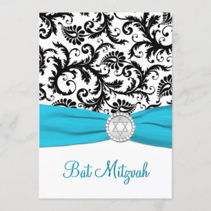 Invitación Damasco blanco y negro con RIBBON IMPRESO de Aqua