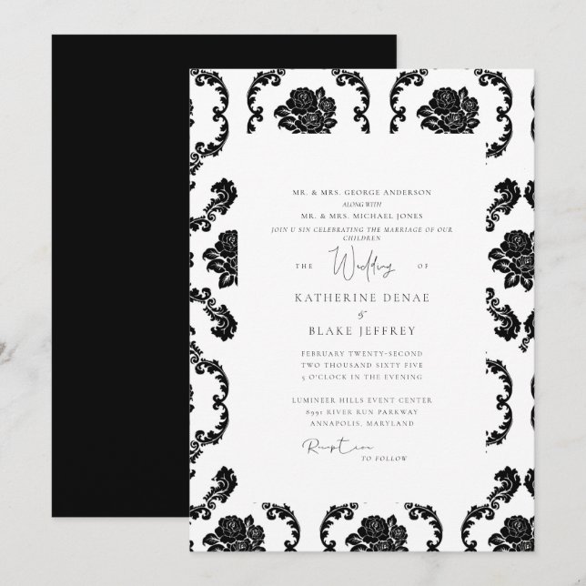 Invitación Damasco blanco y negro de ambos padres Boda (Anverso / Reverso)