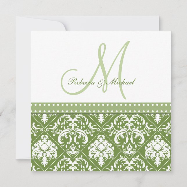Invitación Damasco blanco y verde oliva con monogramo (Anverso)