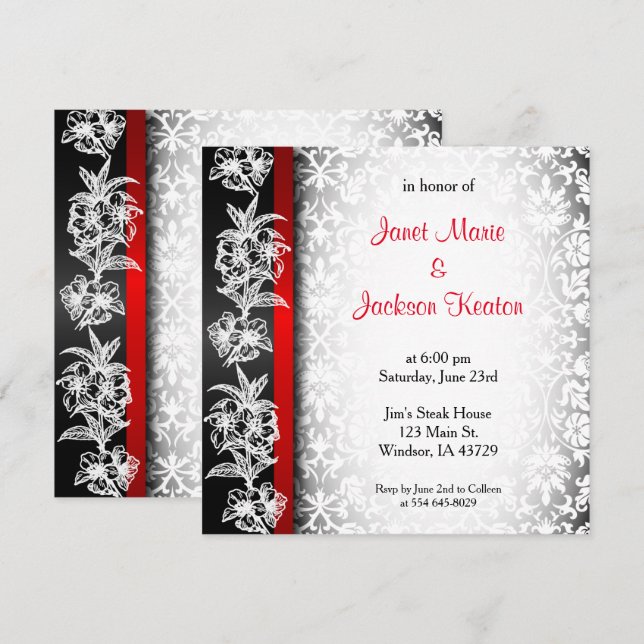 Invitación Damasco Boda moderno en blanco, negro y rojo (Anverso / Reverso)