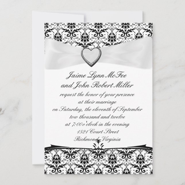 Invitación Damasco/cinta blancos negros simples que casa (Anverso)