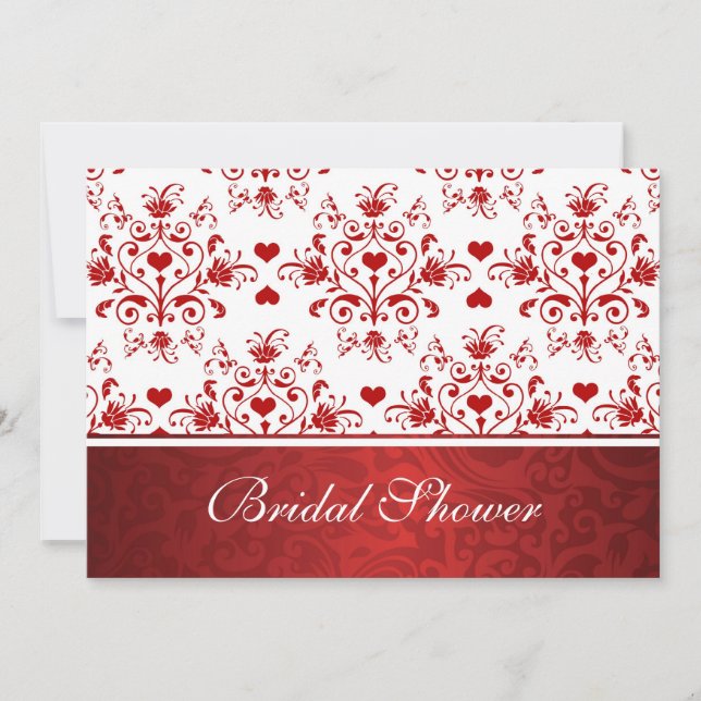 Invitación Damasco corazones rojos florales Bridal Shower Inv (Anverso)