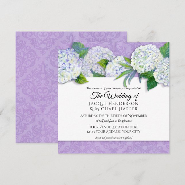 Invitación Damasco cuadrado púrpura Hydrangea Boda floral (Anverso / Reverso)